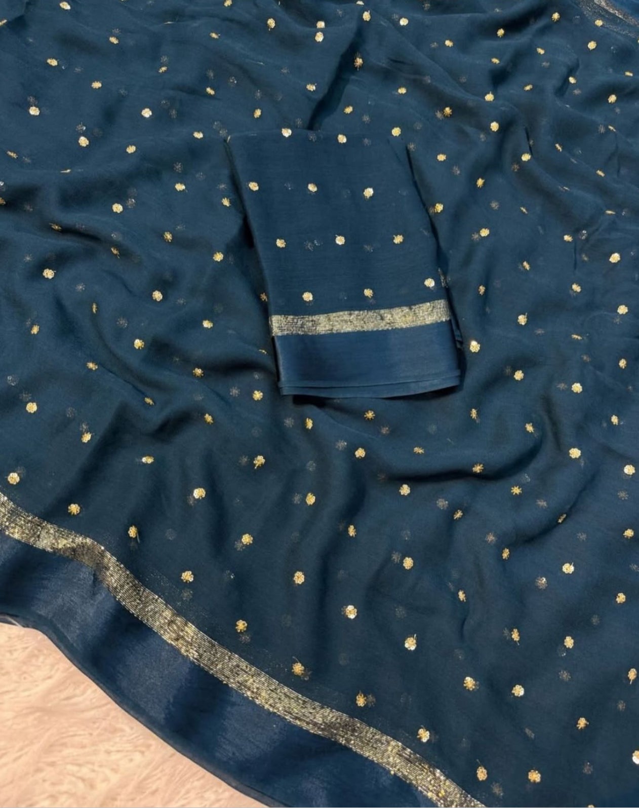 Premium Satin Patta Pure Viscose Georgette Saree with Sequins Butti & Designer Contrast Blouse