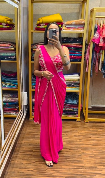 READY TO WEAR LEHENGA-SAREE WITH FULL EMBROIDERED BLOUSE & LACE BORDER ON CHINON FABRIC WITH STITCH BLOUSE
