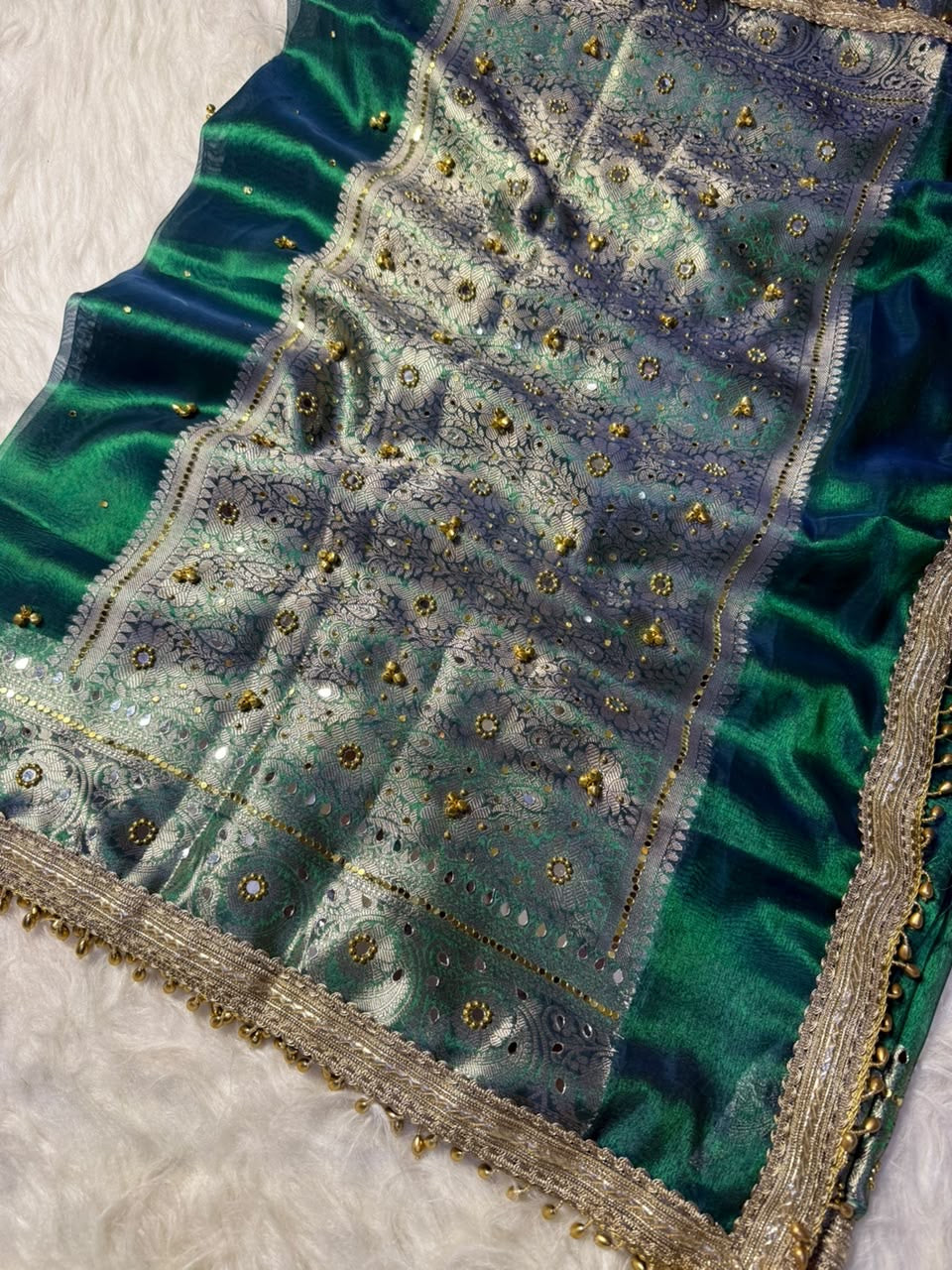Tissue ghungroo saree with mirror work