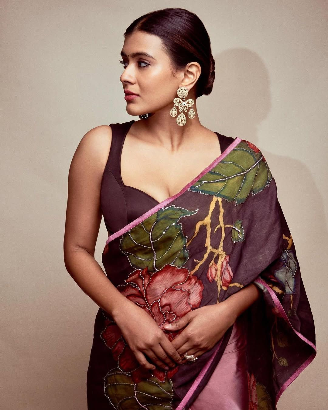 Black Satin Hand Embroidery Bead Kalamkari printed Saree With blouse