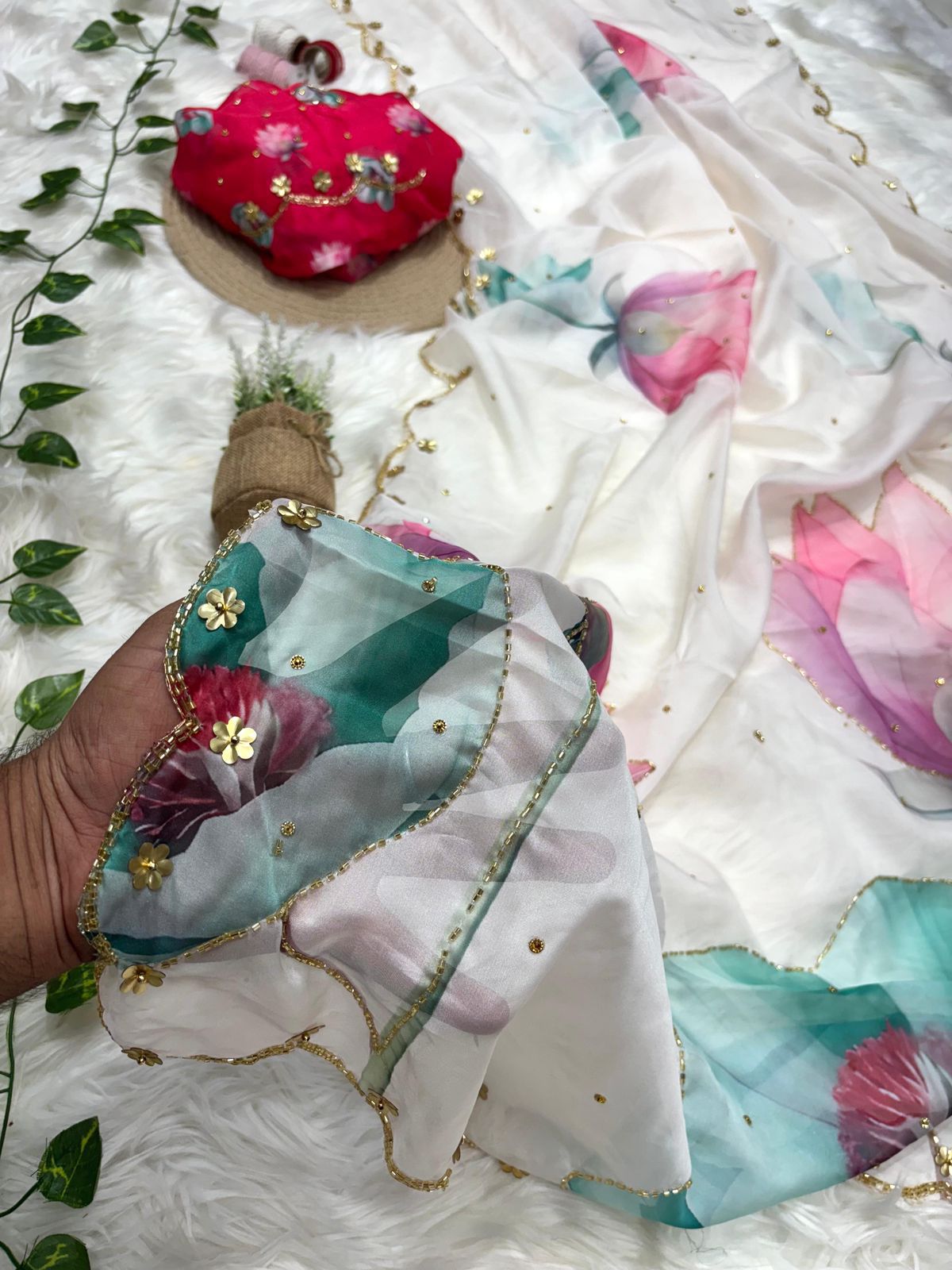 Pure Soft tibby silk fabric saree with floral work