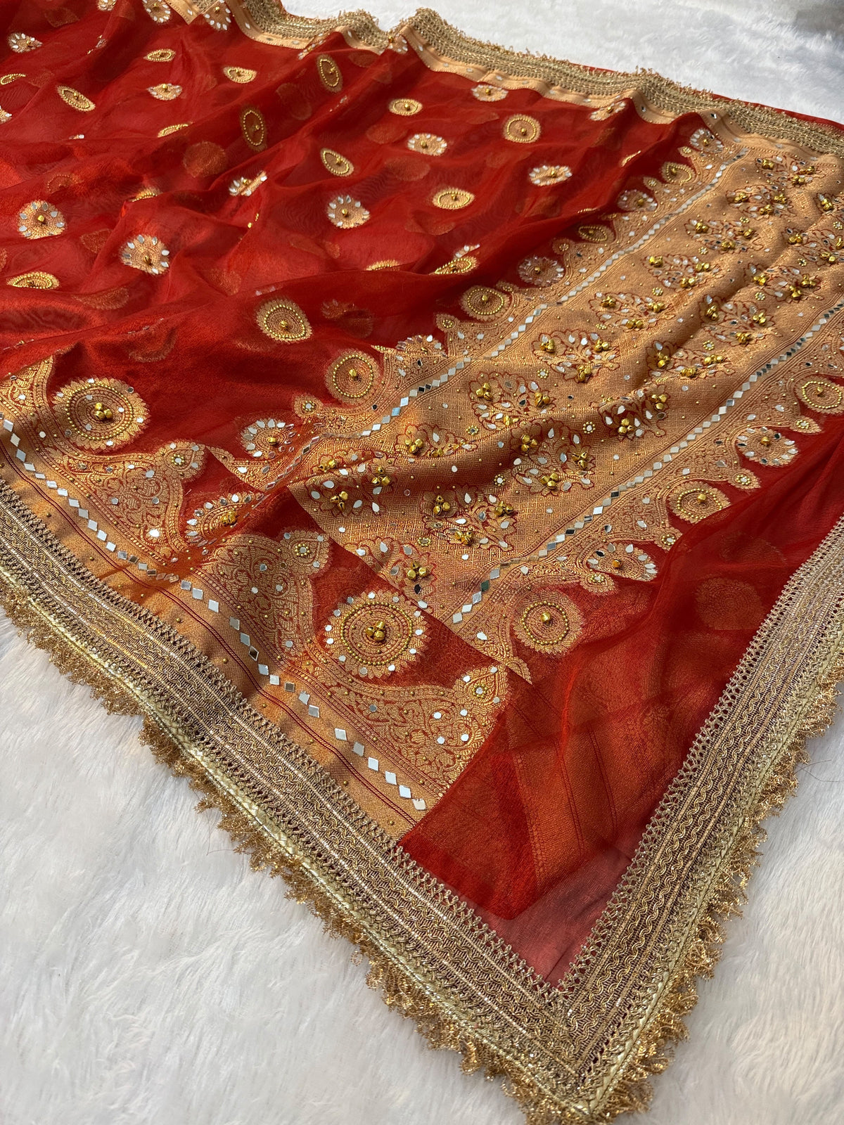 Metallic Banarasi Soft Glass Tissue Saree x Ghungroo Handwork x Lacework x Mirror & Moti Handwork