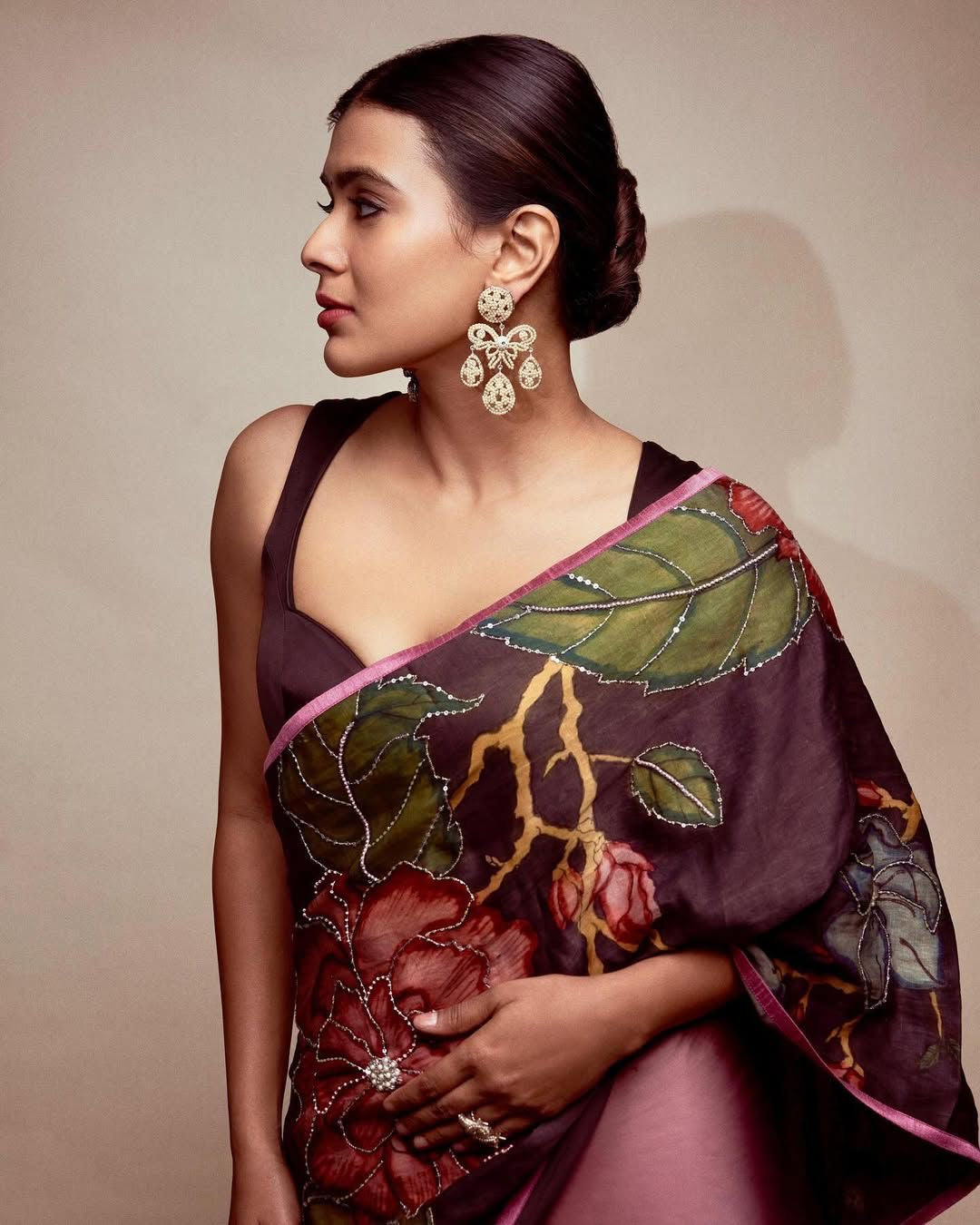Black Satin Hand Embroidery Bead Kalamkari printed Saree With blouse