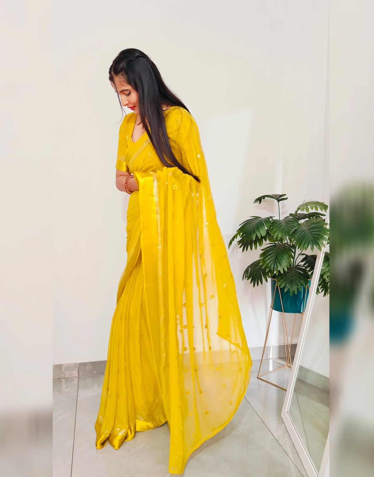 Premium Satin Patta Pure Viscose Georgette Saree with Sequins Butti & Designer Contrast Blouse