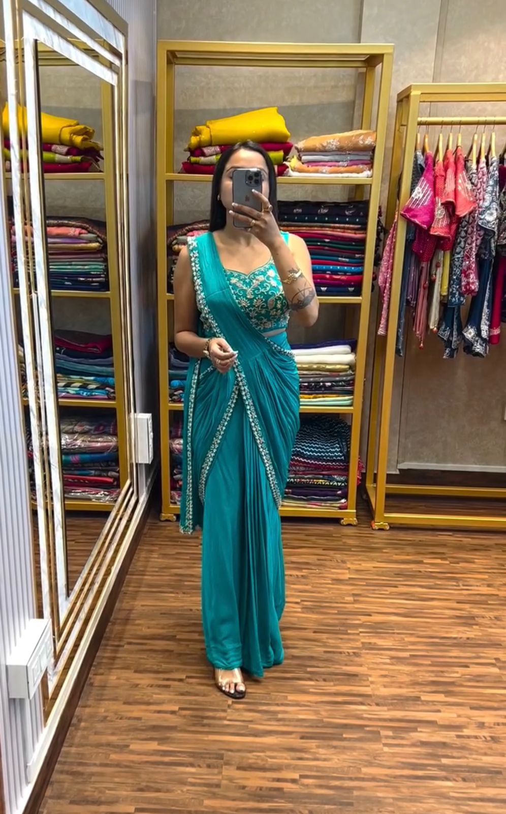 READY TO WEAR LEHENGA-SAREE WITH FULL EMBROIDERED BLOUSE