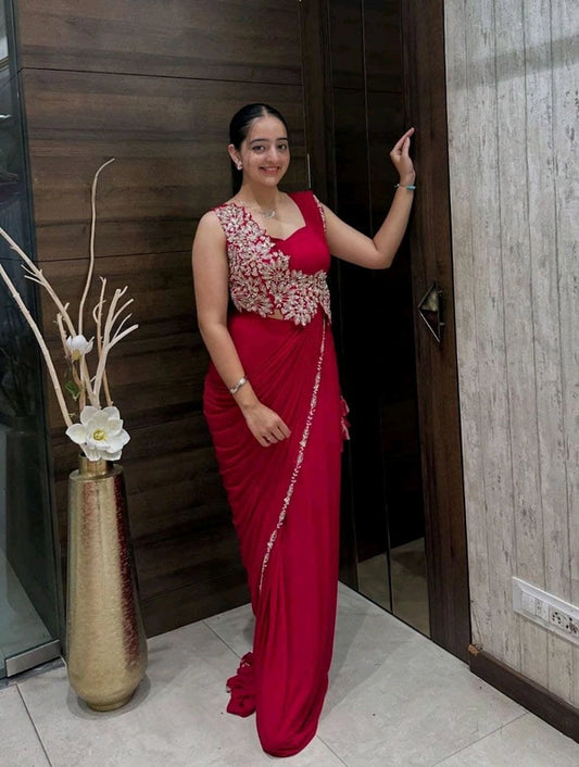 Elegant Pink Heavy Rangoli Embroidered Ready-to-Wear Saree for Weddings & Parties