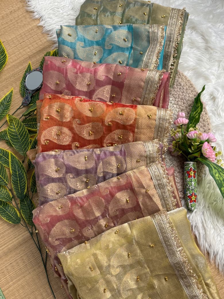Pure Soft Banarasi Sartin Silk Weaving Saree With Gungroo in All over Saree With Fancy Lace Border