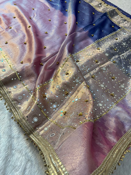 Banarasi Tissue Zari Weaving Border Saree x Ghungroo Handwork x Mirror & Beads Handwork