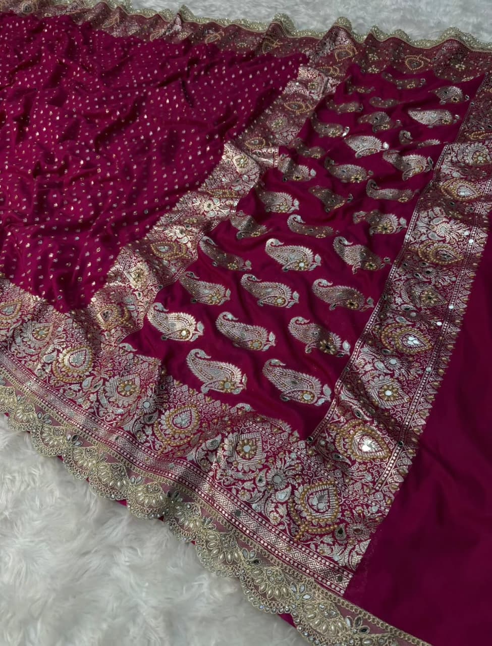 Banarasi Semi khaddi Katan Georgette Soft Silk Saree With lace & Mirror moti work