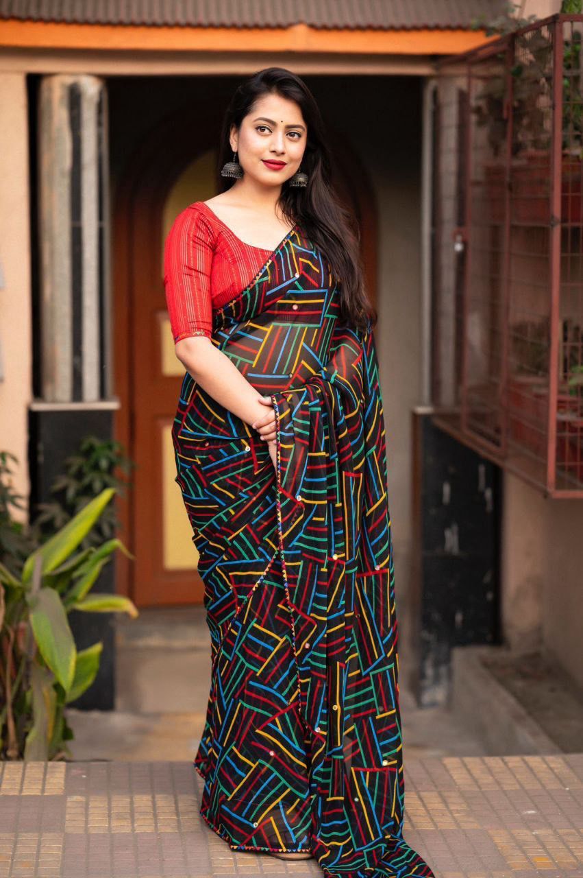 Soft georgette saree with geometric prints and fancy lace