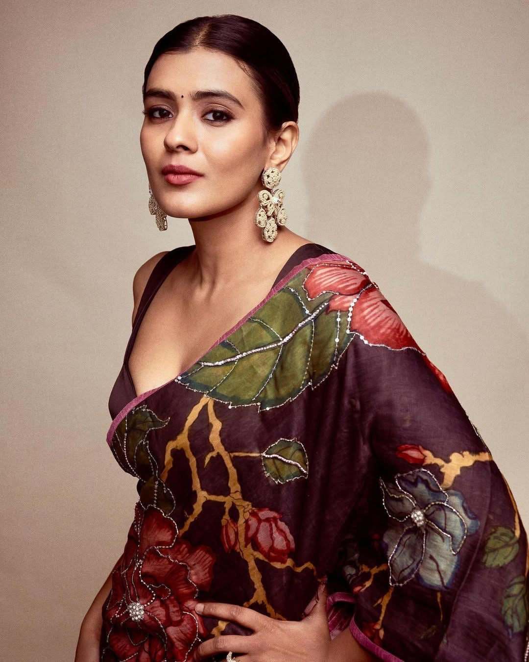Black Satin Hand Embroidery Bead Kalamkari printed Saree With blouse