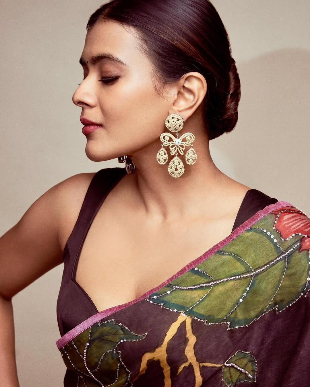 Black Satin Hand Embroidery Bead Kalamkari printed Saree With blouse