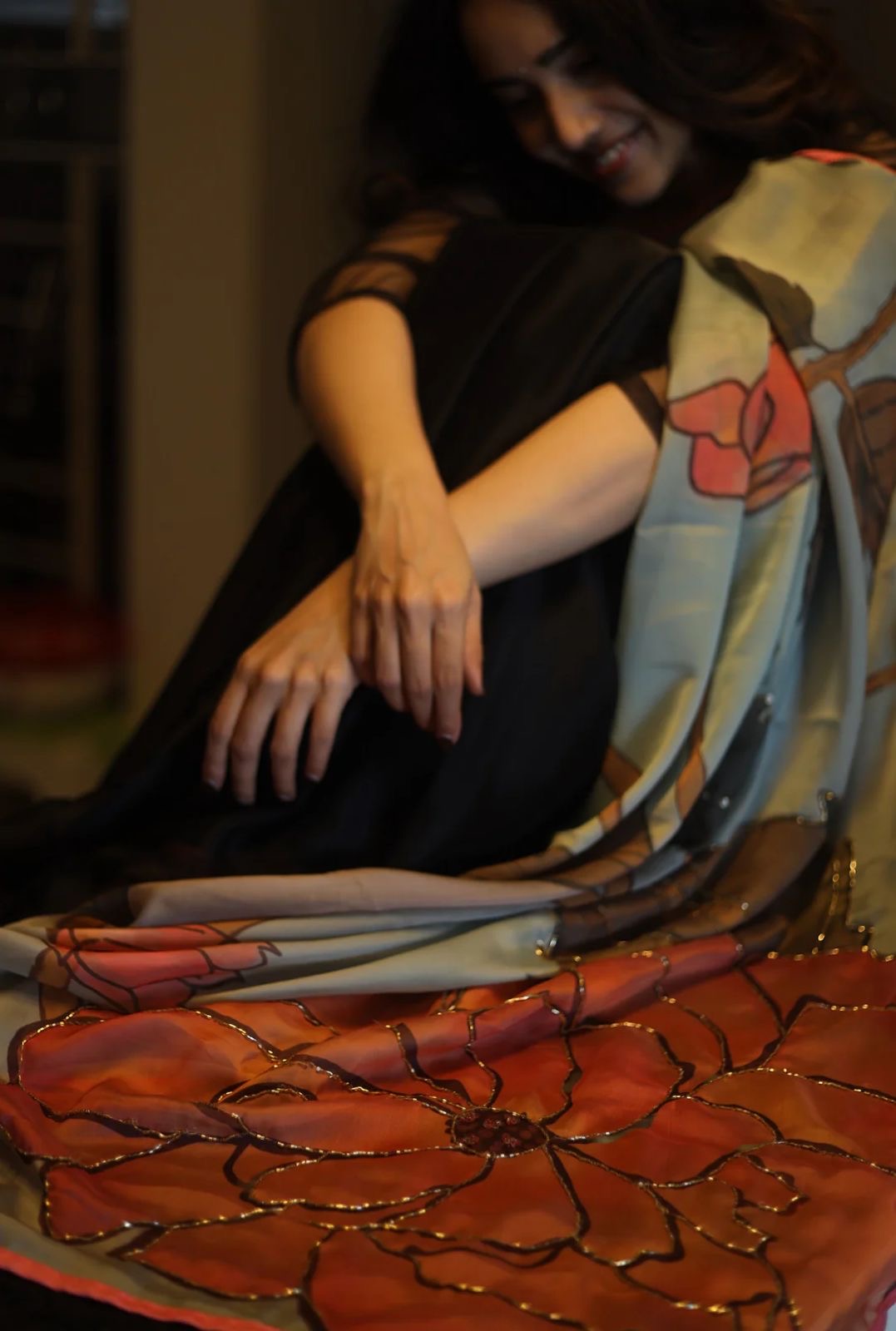 Black Satin Hand Embroidery Bead Kalamkari printed Saree With blouse