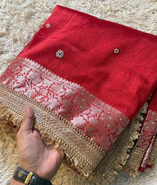 Banarasi soft glass tissue silk saree with siroksi stone work