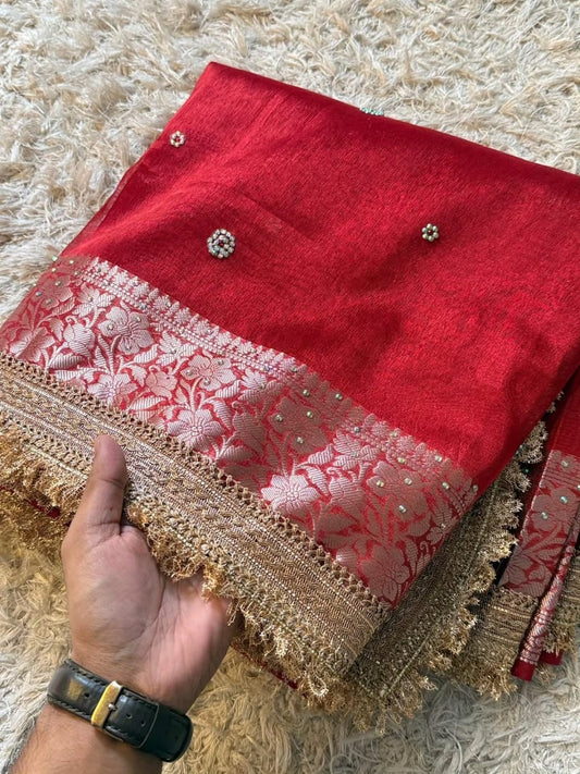 Banarasi soft glass tissue silk saree with siroksi stone work