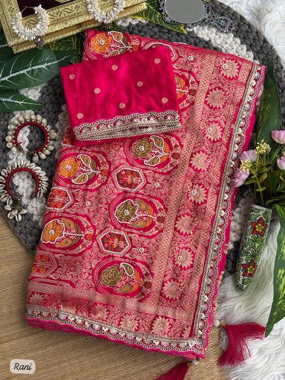 Pure Sartin saree with weaving &nbsp;jaquard nd mina work