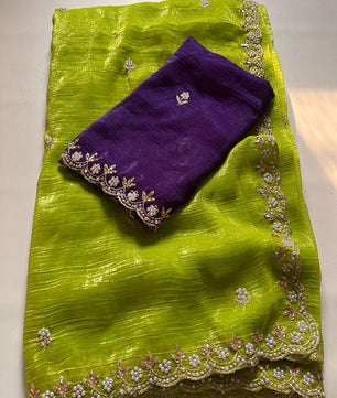 Chinnon silk Saree with Embroidery & Scalloped Border