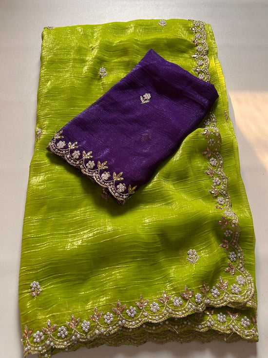 Chinnon silk Saree with Embroidery & Scalloped Border