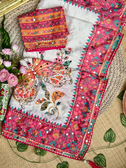 Soft Chinnon saree with hand ari work