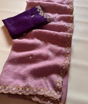 Chinnon silk Saree with Embroidery & Scalloped Border