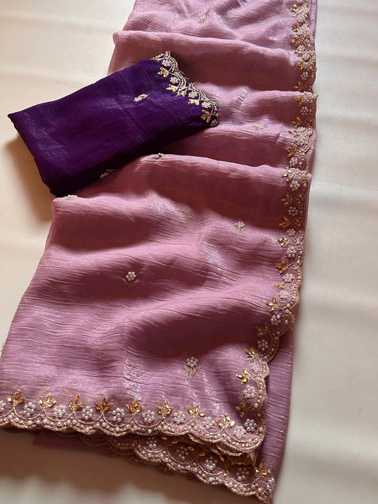 Chinnon silk Saree with Embroidery & Scalloped Border