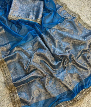 Bridal Tissue Saree with Designer Pearl and Mirror Lace Work Jhalar Lace on Pallu