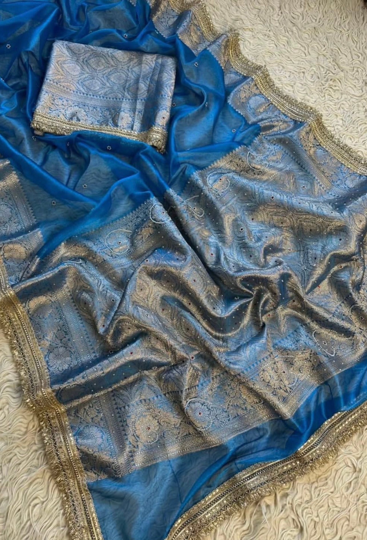 Bridal Tissue Saree with Designer Pearl and Mirror Lace Work Jhalar Lace on Pallu