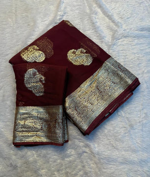 Pure Viscose Georgette Weaving Jacquard Saree With Contrast Color Blouse