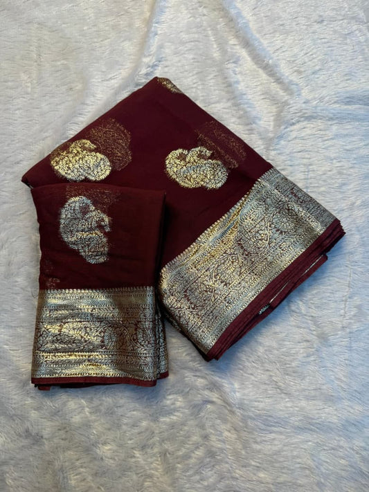 Pure Viscose Georgette Weaving Jacquard Saree With Contrast Color Blouse