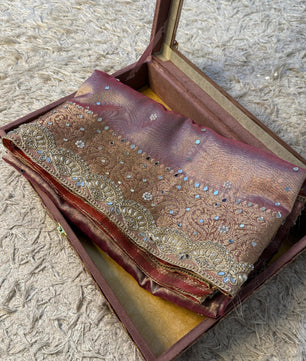 Soft Glass Tissue Banarasi *HandworkStone, Mirror and *Heavy Handwork* Lace Work Saree