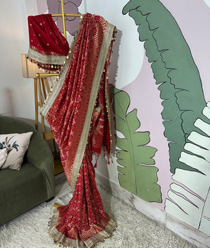 Red Designer Georgette Katan Silk Saree with Gota Patti and Coin lace