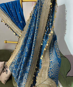 Teal Blue Designer Georgette Katan Silk Saree with Gota Patti and Coin lace