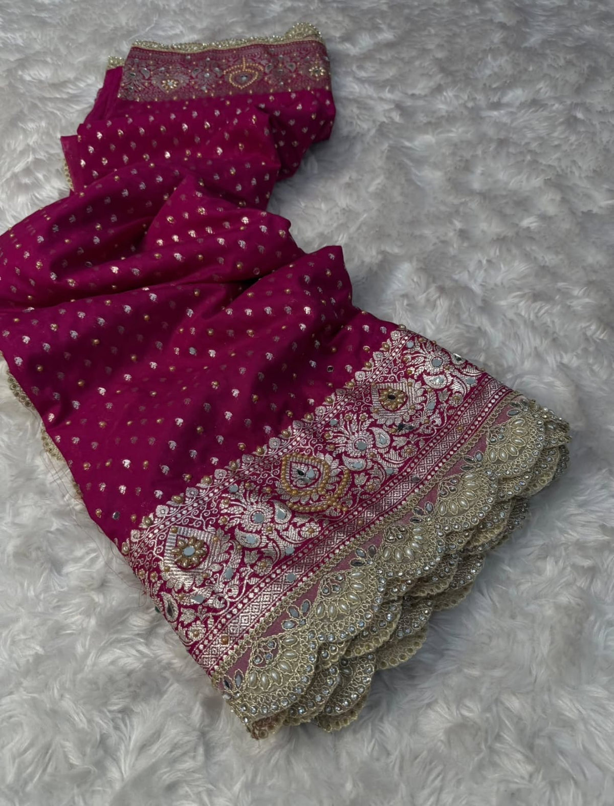 Banarasi Semi khaddi Katan Georgette Soft Silk Saree With lace &amp; &nbsp;Mirror moti work