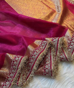 Banarasi Tissue Silk Saree with Velvet & Uljhi Lace Work Border