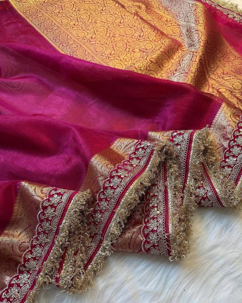 Banarasi Tissue Silk Saree with Velvet & Uljhi Lace Work Border