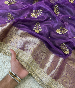 100%Pure Banarasi Tissue Saree with Hand Work on all over Body with Intricate Border and Pallu Design Along with Gotta Patti Lace Work