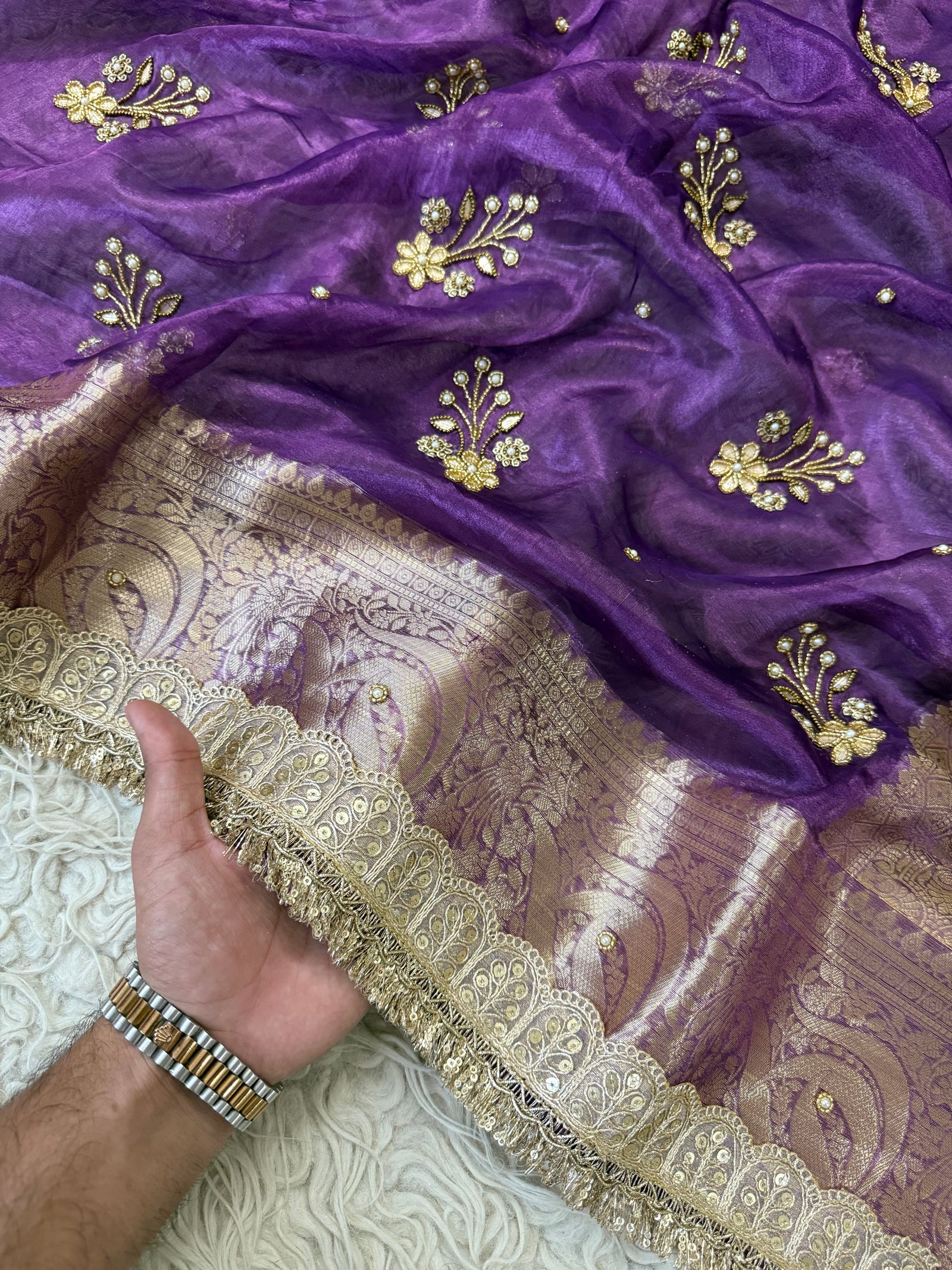 100%Pure Banarasi Tissue Saree with Hand Work on all over Body with Intricate Border and Pallu Design Along with Gotta Patti Lace Work