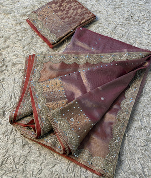 Soft Glass Tissue Banarasi *HandworkStone, Mirror and *Heavy Handwork* Lace Work Saree