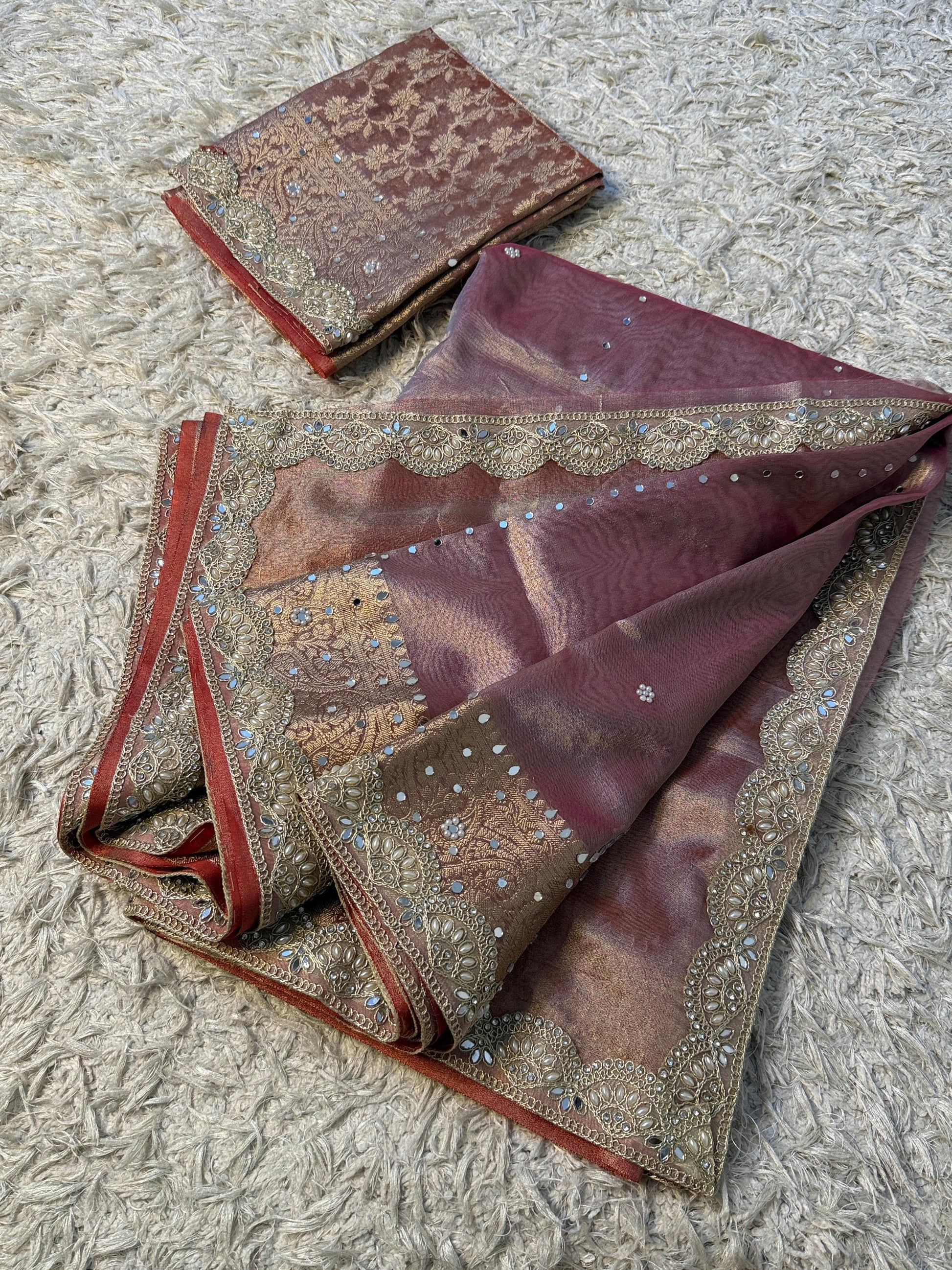 Soft Glass Tissue Banarasi *HandworkStone, Mirror and *Heavy Handwork* Lace Work Saree