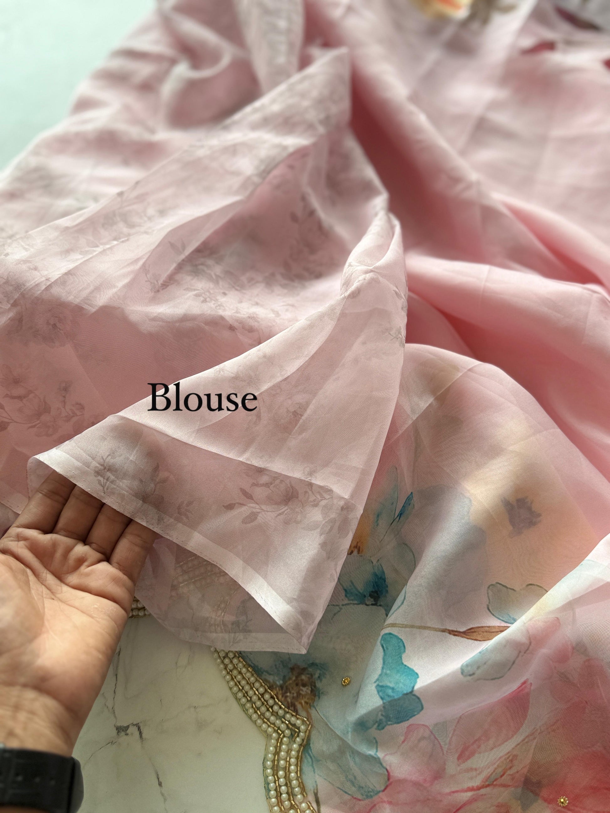 Primium Soft Orgenza Tebby Silk With Flower Digital Print and Handwork Arco Border