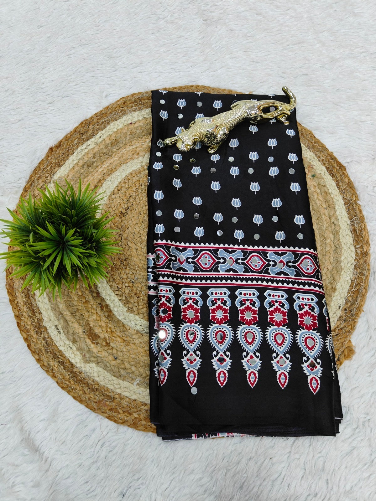 Beautiful satin gajji saree with mirror work