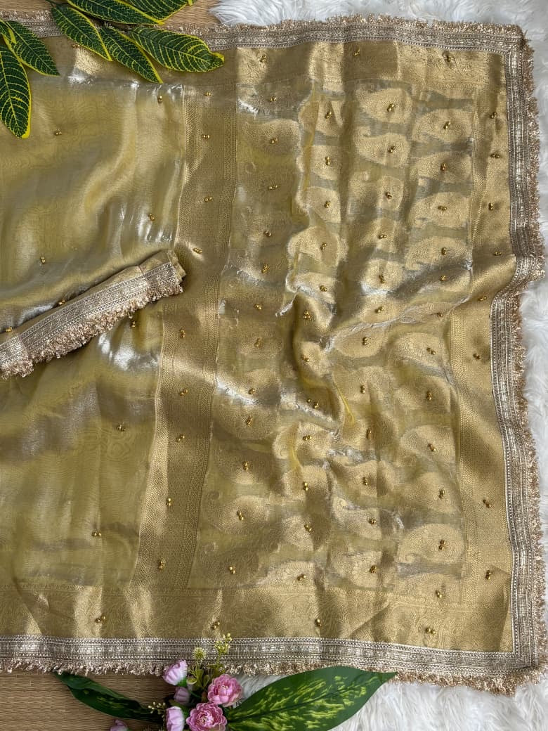 Pure Soft Banarasi Sartin Silk Weaving Saree With Gungroo in All over Saree With Fancy Lace Border