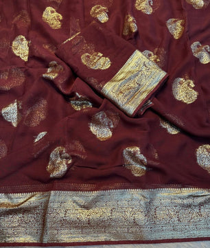 Pure Viscose Georgette Weaving Jacquard Saree With Contrast Color Blouse