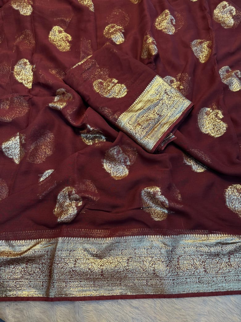 Pure Viscose Georgette Weaving Jacquard Saree With Contrast Color Blouse