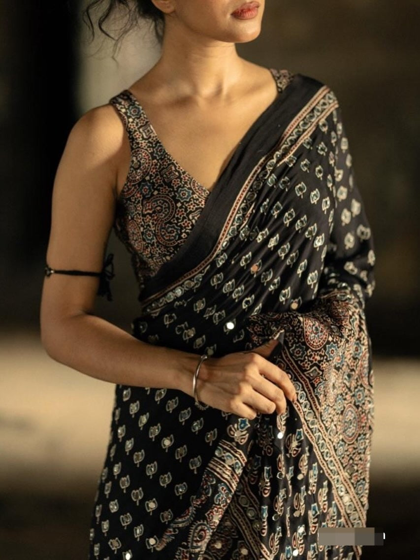 Beautiful satin gajji saree with mirror work