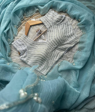 Crush Slik Sari With Stiched Blouse Fully Handwork Include Pearl