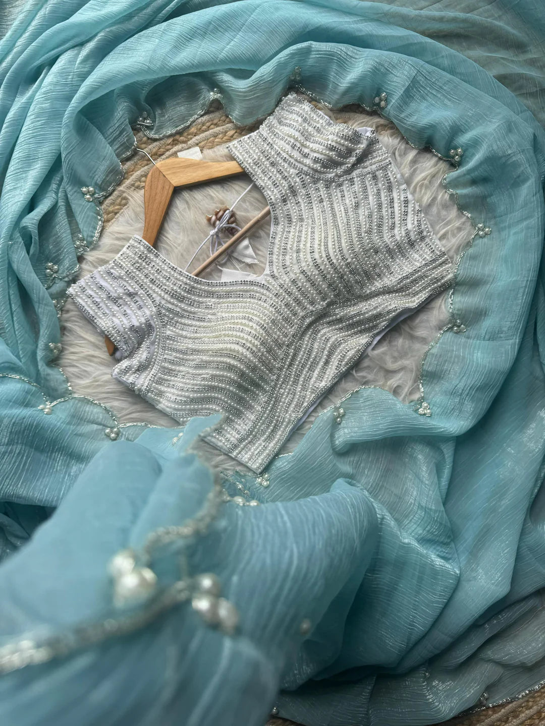 Crush Slik Sari With Stiched Blouse Fully Handwork Include Pearl