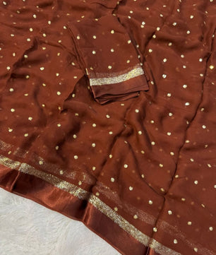 Premium Satin Patta Pure Viscose Georgette Saree with Sequins Butti & Designer Contrast Blouse