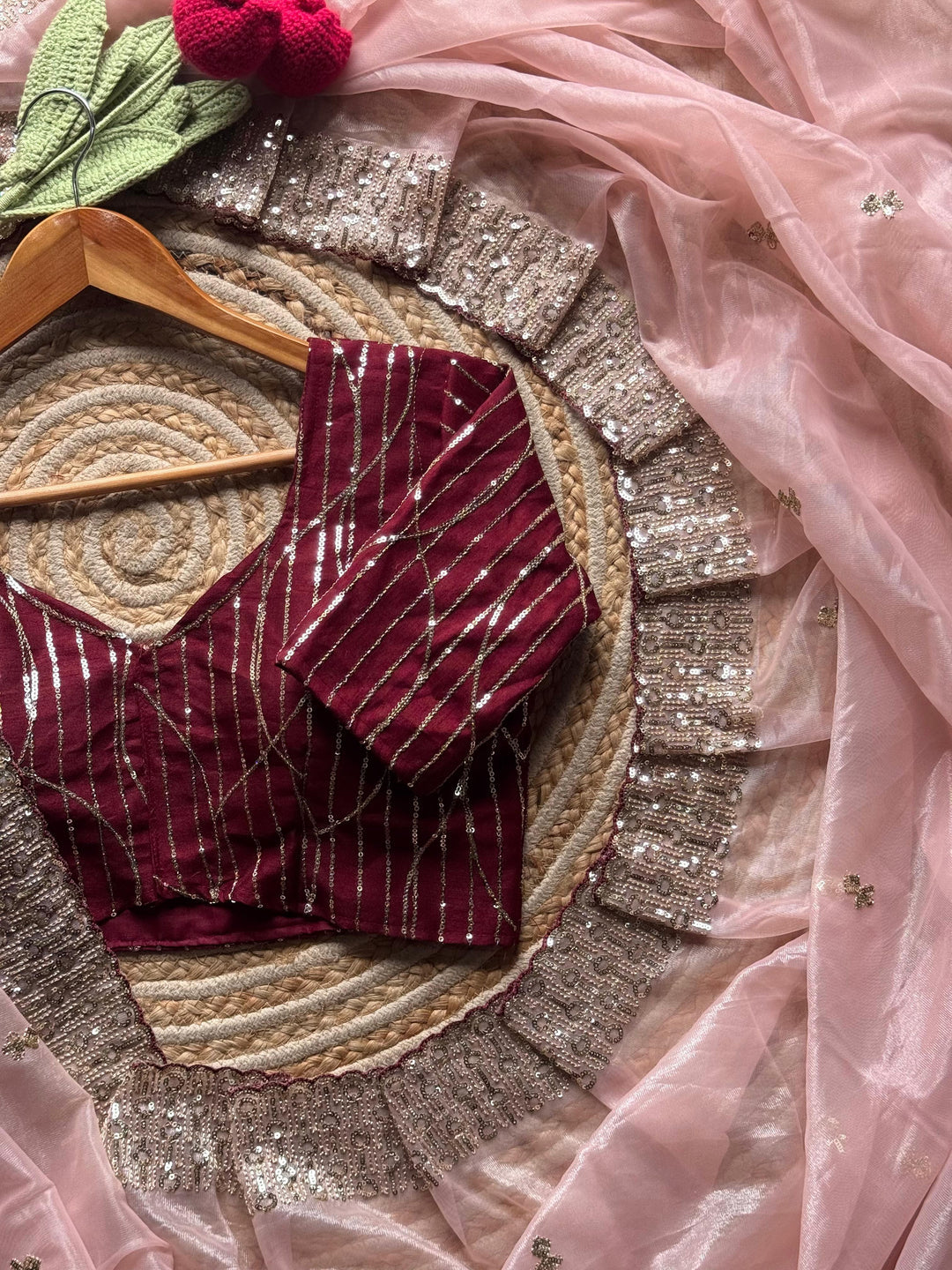 Tissue Silk Sari In Light Peach With Stiched Blouse