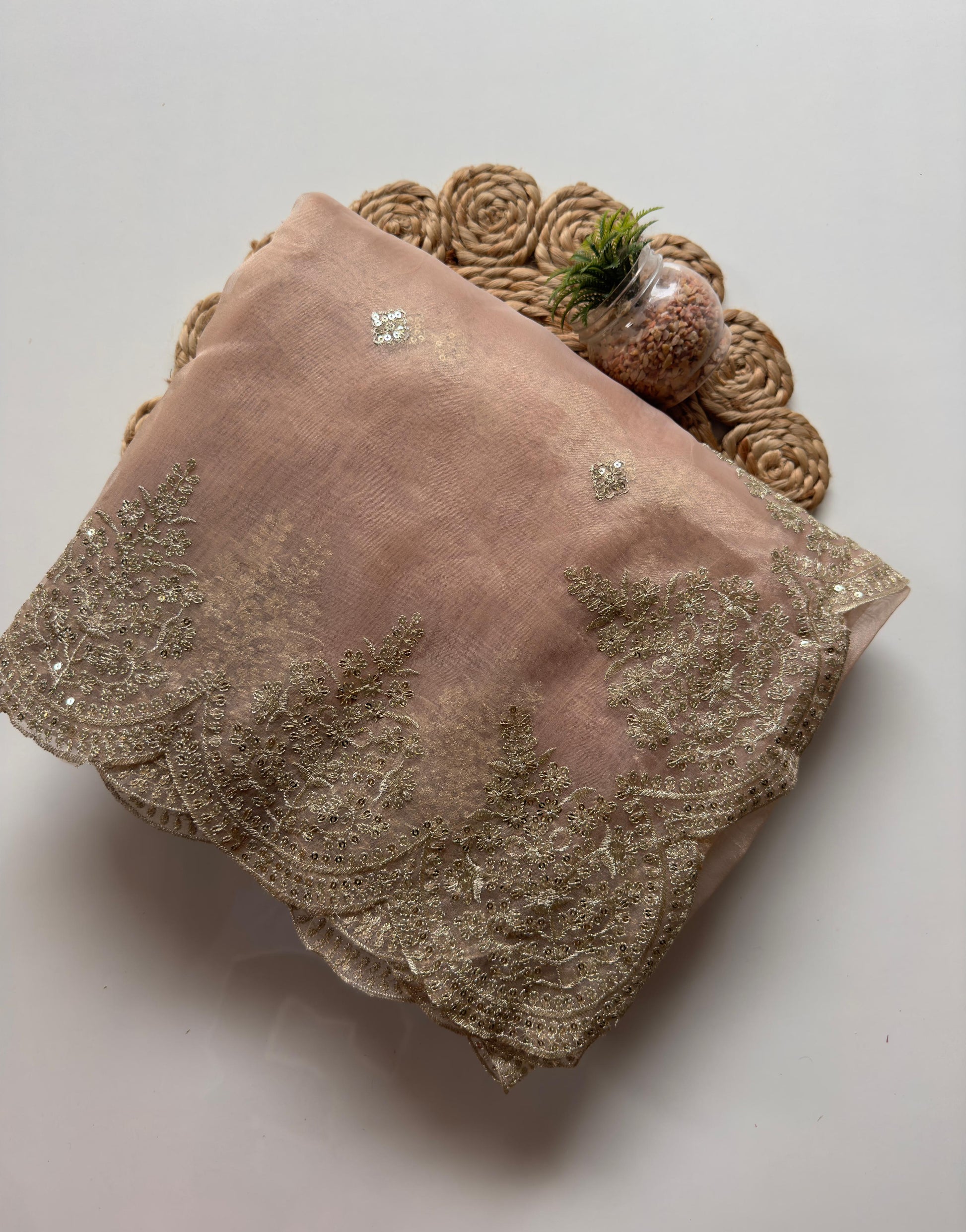 Pure Soft Orgenza Tissue With Zari Sequnce Thread Work And Scalp Border